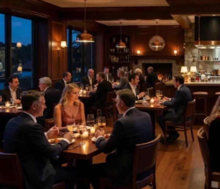 Candlelit restaurant poker room with polished timber tables in Melbourne